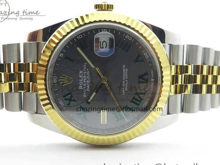 MiroTime 0519 DateJust 41 SS YG 126333 Fluted Bezel DJF Best Edition 904L Steel Gray Dial Green Roman Markers on Jubilee Bracelet A Seasonal 3194